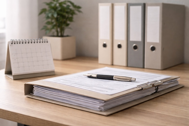 Organized office setup with binder and calendar