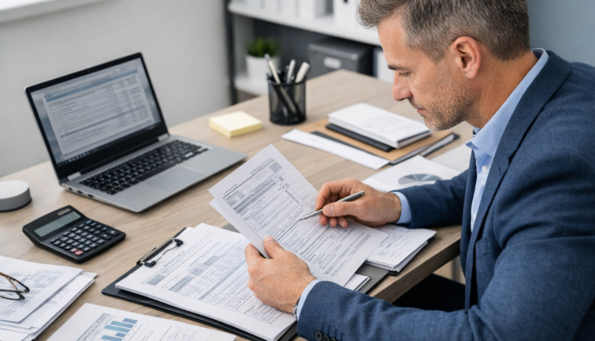 Reviewing tax documents in a tidy office