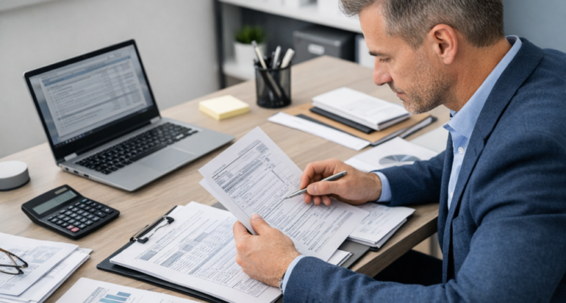 Reviewing tax documents in a tidy office